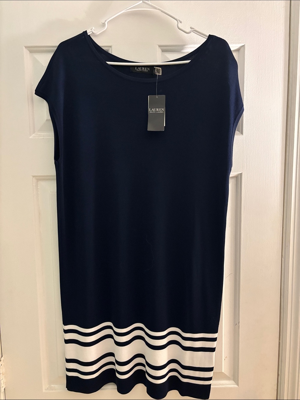 NWT Lauren Ralph Lauren Navy Shift Sweater Dress with White Striped Hem